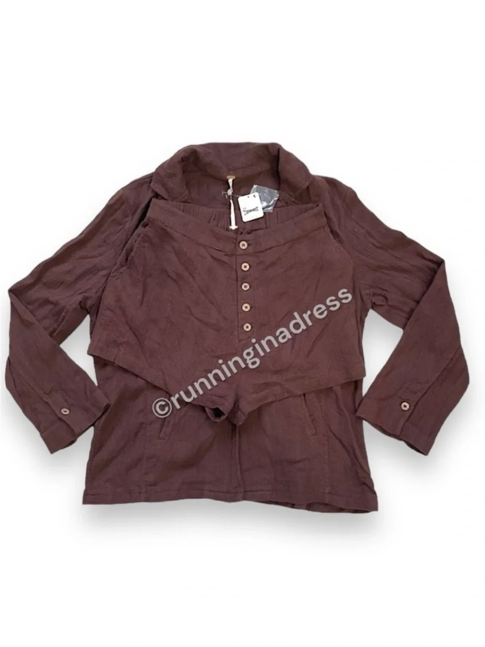 NWT Free People Modern Summer Short Blazer Set M Brown Linen 2pc Vacation Boho